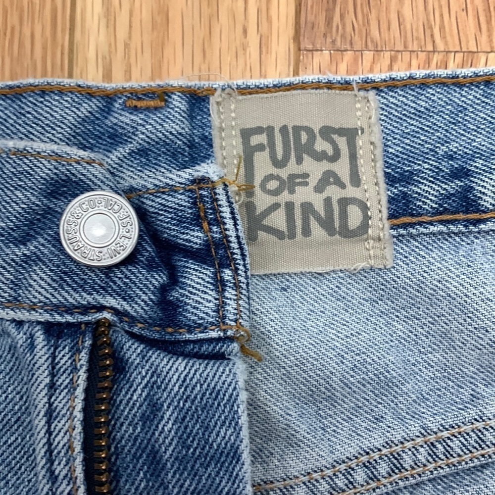 FURST‎ OF A KIND Distressed Denim Skirt White Stripe Ripped Raw Hem Blue Jeans - Picture 6 of 6